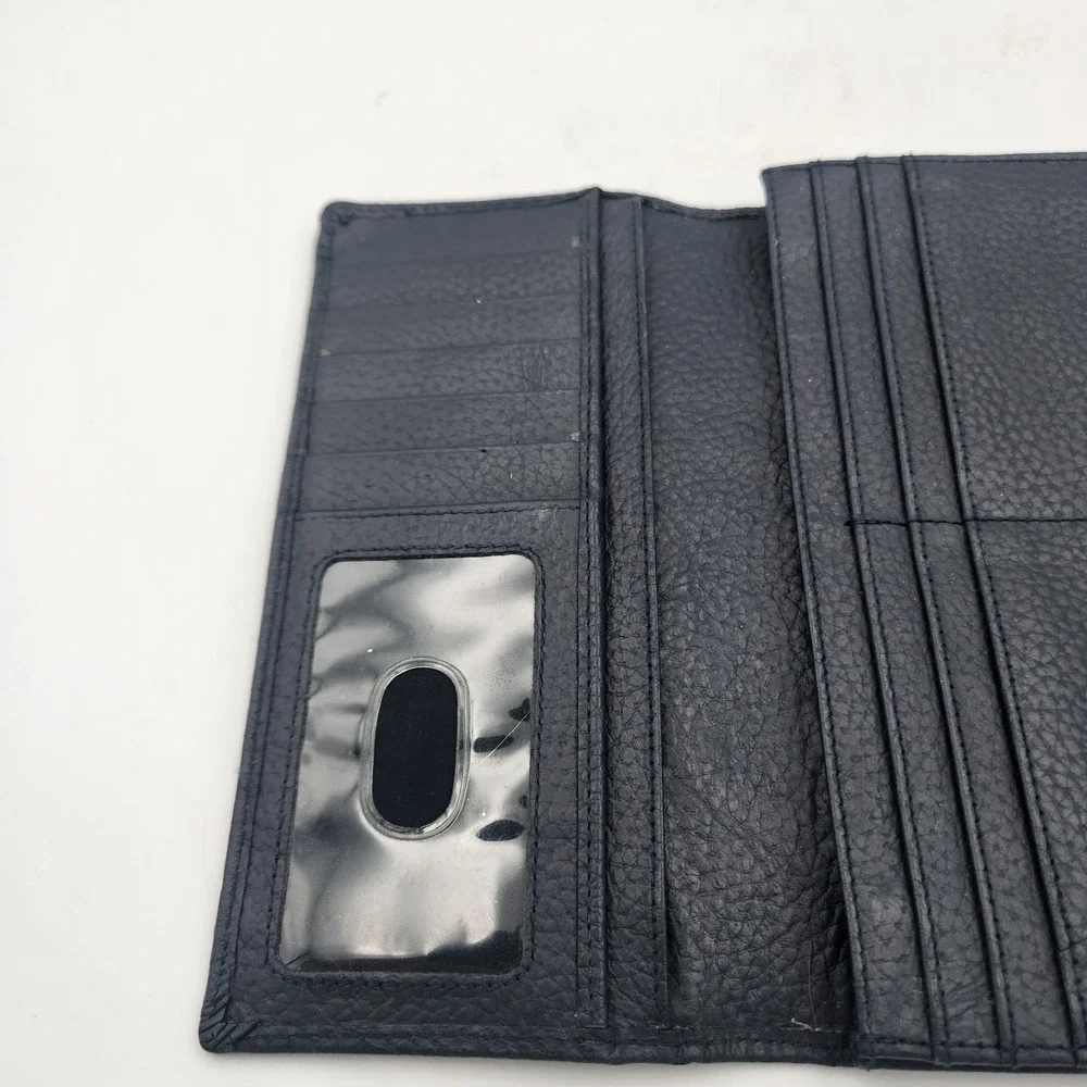 Estalon Pebbled‎ Leather RFID Long Wallet Trifold Snap Closure - Navy Blue